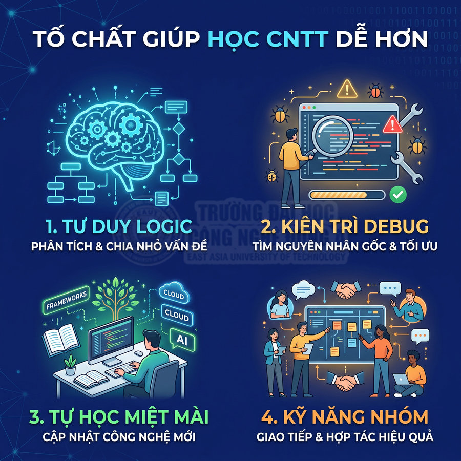 Tố chất giúp học CNTT dễ hơn với tư duy logic, kiên trì debug, tự học miệt mài và kỹ năng làm việc nhóm