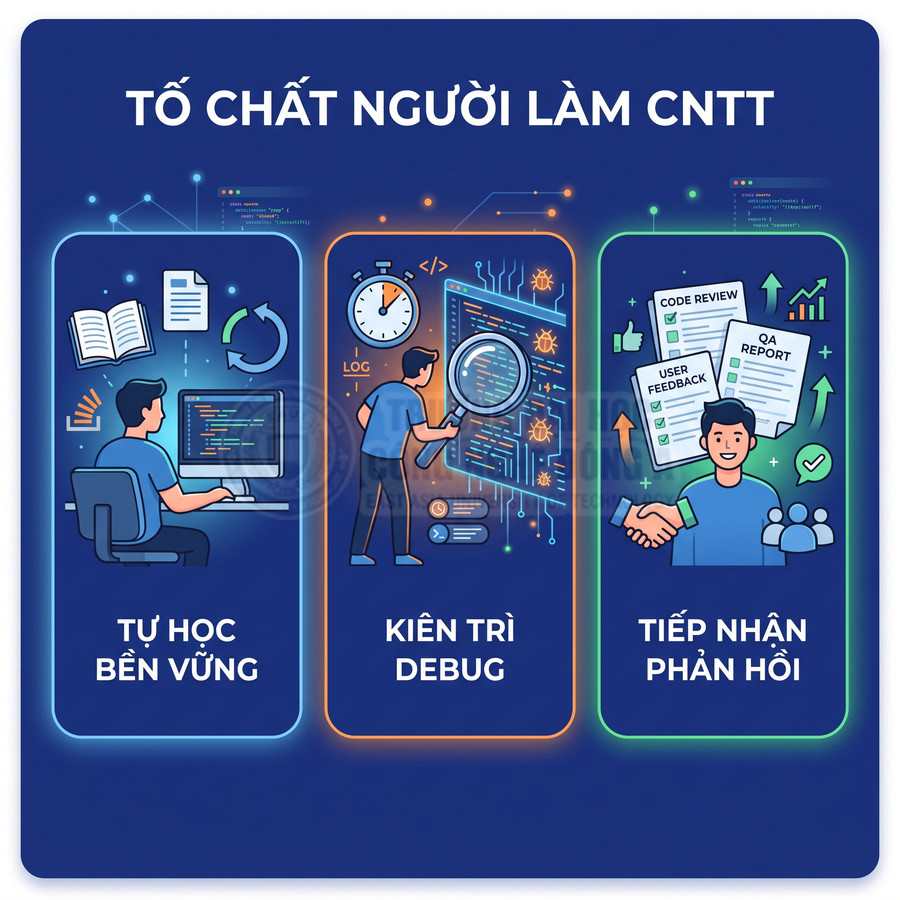 Minh họa tố chất người làm CNTT với tự học bền vững, kiên trì debug và chủ động tiếp nhận phản hồi