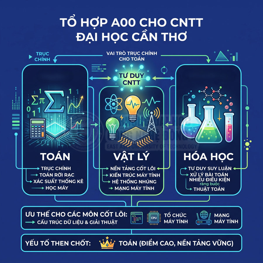 Tổ hợp A00 cho ngành CNTT Đại học Cần Thơ với các môn Toán, Vật lý, Hóa học và ưu thế môn cốt lõi