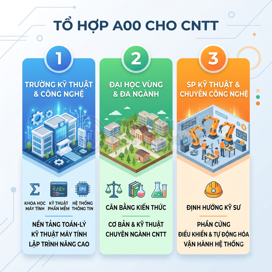 Tổ hợp A00 cho ngành CNTT với ba nhóm trường kỹ thuật, đại học đa ngành và trường kỹ thuật chuyên công nghệ
