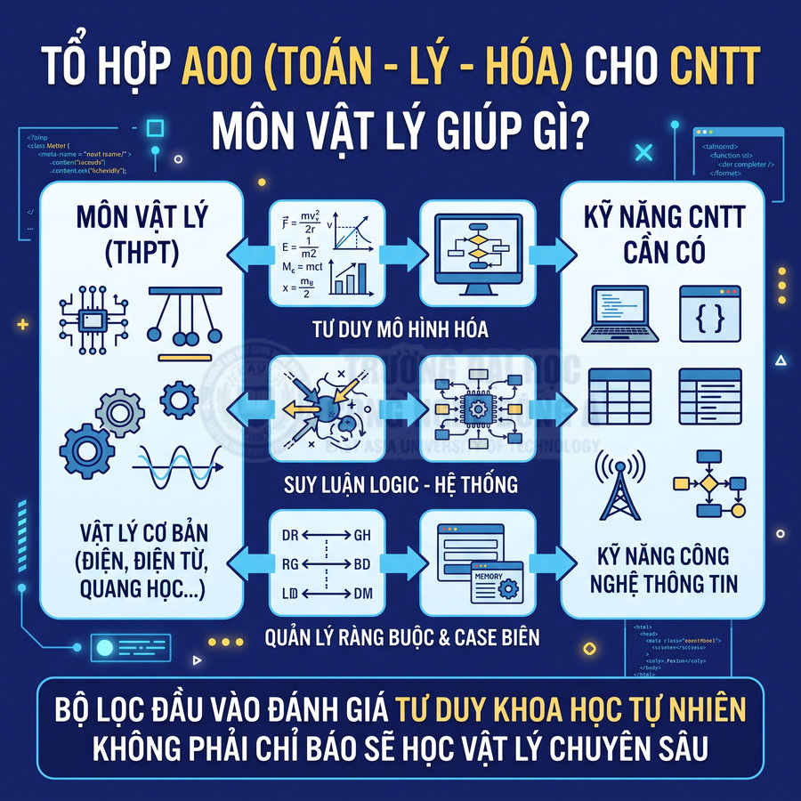 Infographic tổ hợp A00 Toán Lý Hóa cho CNTT, vai trò môn Vật lý trong phát triển tư duy và kỹ năng công nghệ thông tin