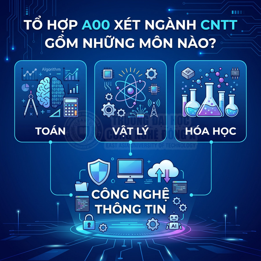 Tổ hợp A00 xét tuyển ngành công nghệ thông tin gồm các môn toán, vật lý, hóa học với icon minh họa hiện đại