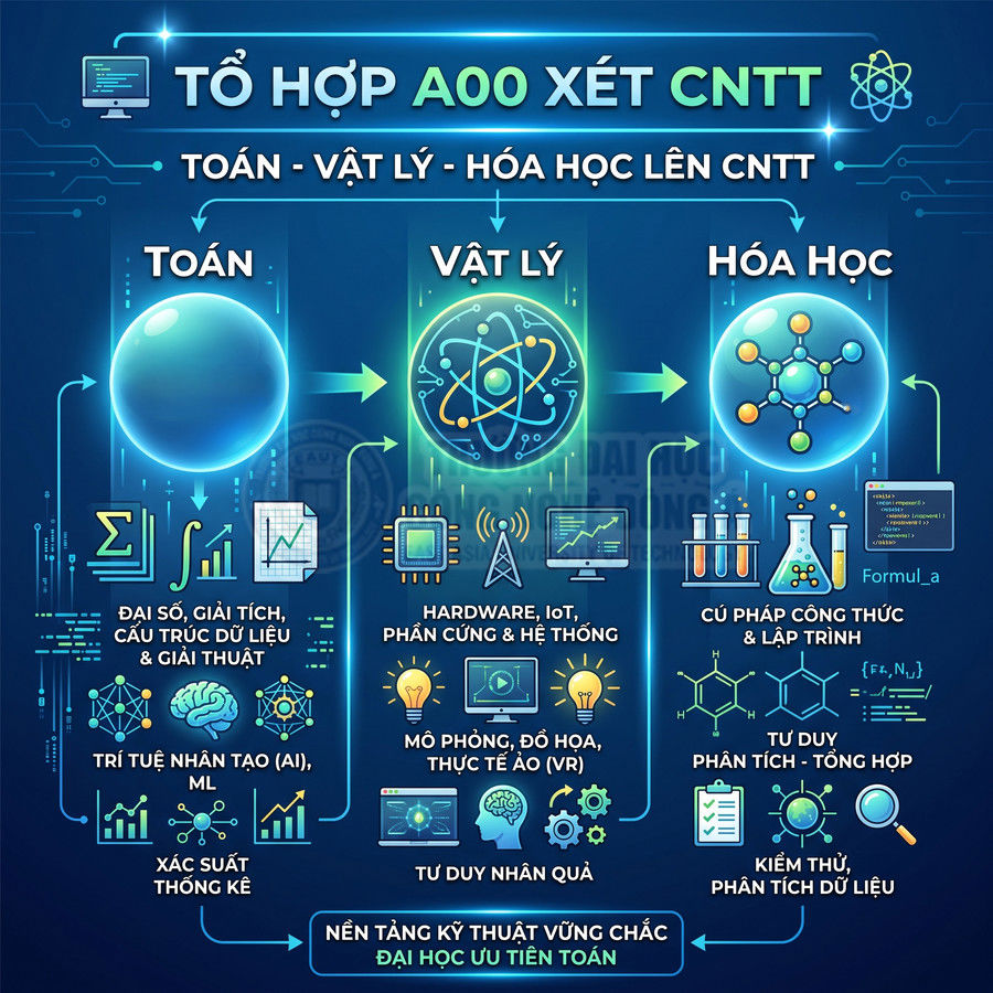 Infographic tổ hợp A00 Toán Lý Hóa định hướng học công nghệ thông tin và nền tảng kỹ thuật vững chắc