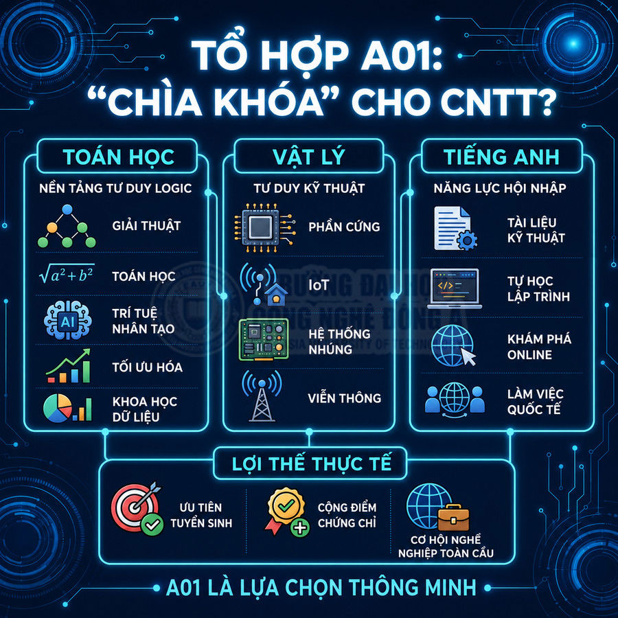 Infographic tổ hợp A01 với các môn Toán, Vật lý, Tiếng Anh và lợi thế khi học ngành công nghệ thông tin