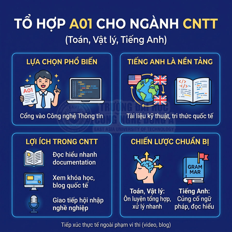 Infographic tổ hợp A01 cho ngành Công nghệ thông tin, lợi ích tiếng Anh và chiến lược ôn thi Toán Lý Anh