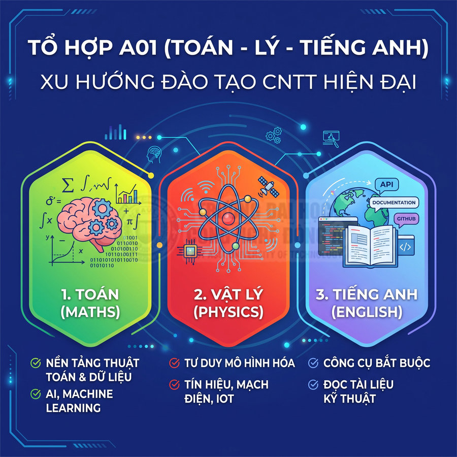 Tổ hợp A01 Toán Lý Tiếng Anh giới thiệu xu hướng đào tạo CNTT hiện đại với ba môn nền tảng