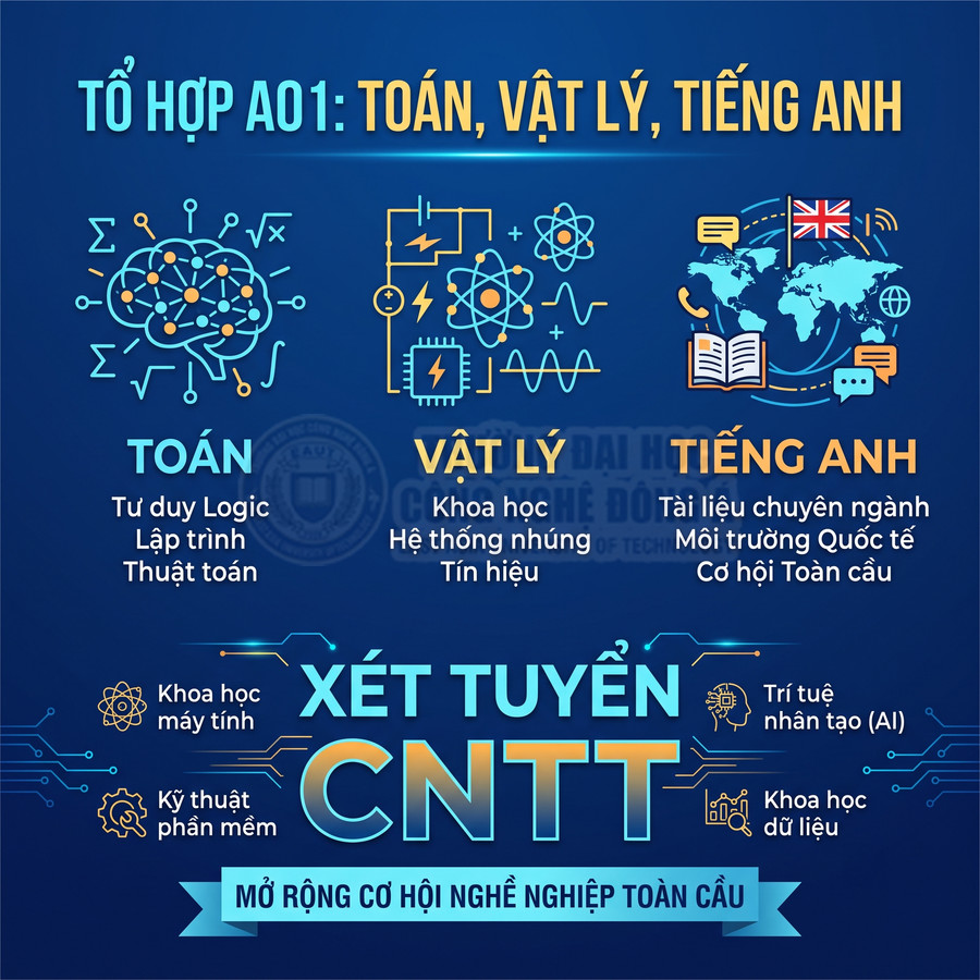 Poster tuyển sinh CNTT theo tổ hợp A01 Toán Lý Tiếng Anh với các ngành AI khoa học dữ liệu và kỹ thuật phần mềm