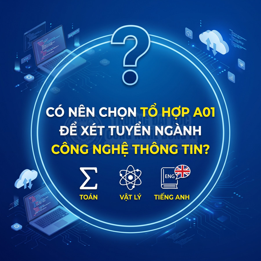 Banner tư vấn chọn tổ hợp A01 Toán Lý Anh để xét tuyển ngành công nghệ thông tin với hình laptop lập trình
