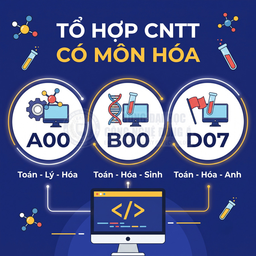 Tổ hợp xét tuyển CNTT có môn Hóa A00 B00 D07 với biểu tượng máy tính và ống nghiệm
