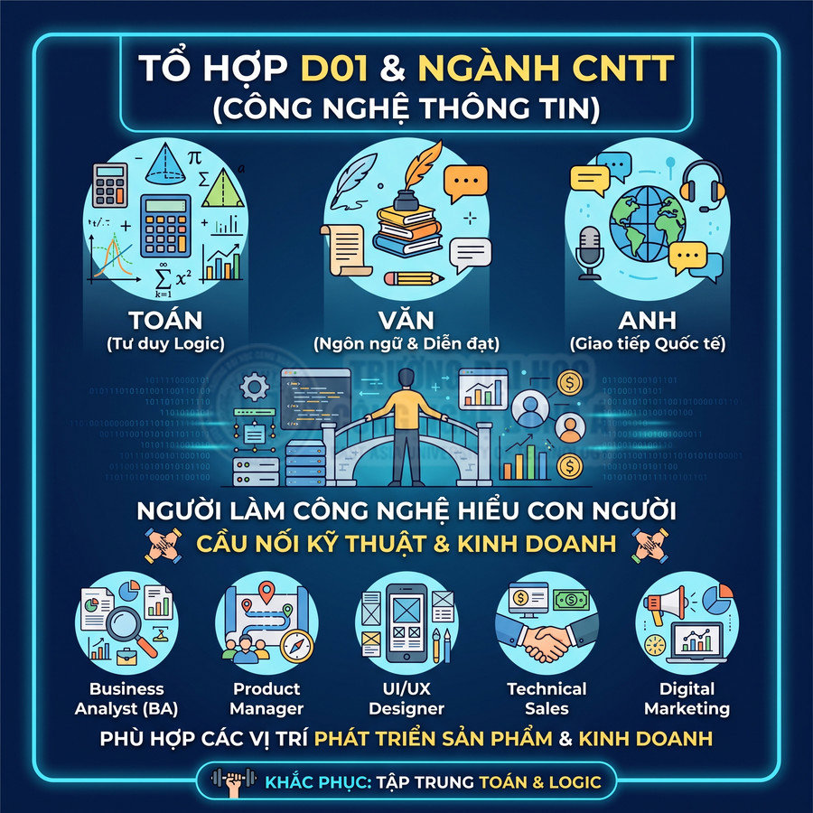 Tổ hợp D01 ngành công nghệ thông tin, lợi thế Toán Văn Anh cho các vị trí BA, Product Manager, UIUX, Sales, Marketing