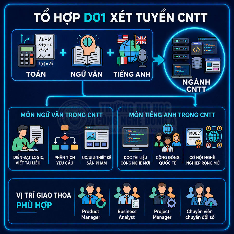 Infographic tổ hợp D01 xét tuyển ngành công nghệ thông tin và các vị trí nghề nghiệp liên quan