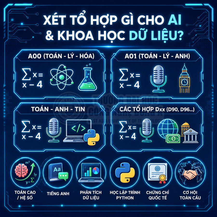 Infographic các tổ hợp môn xét tuyển ngành AI và khoa học dữ liệu cùng kỹ năng và cơ hội nghề nghiệp