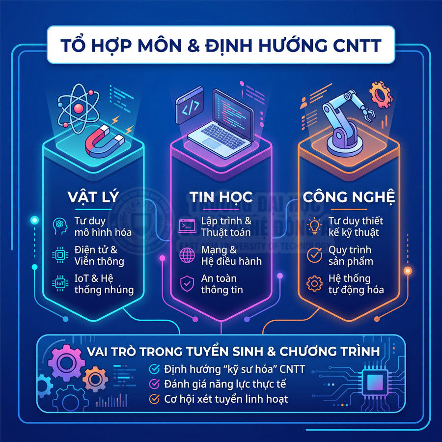 Infographic tổ hợp môn và định hướng CNTT với các nhóm Vật lý, Tin học, Công nghệ và vai trò trong tuyển sinh