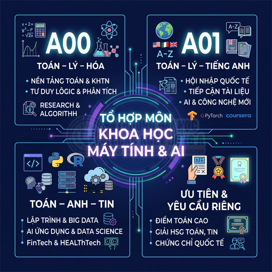 Infographic tổ hợp môn khoa học máy tính và AI với các khối A00 A01 toán anh tin và yêu cầu tuyển sinh