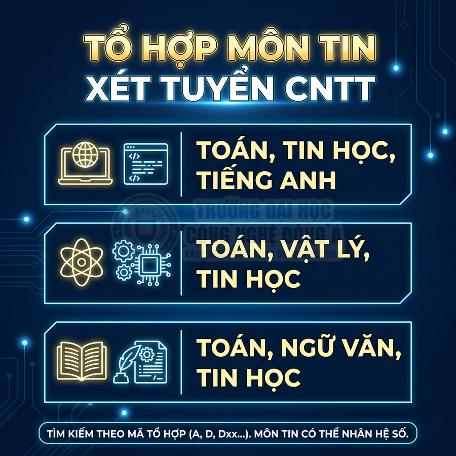 Tổ hợp môn xét tuyển CNTT gồm Toán Tin học Tiếng Anh Toán Vật lý Tin học Toán Ngữ văn Tin học