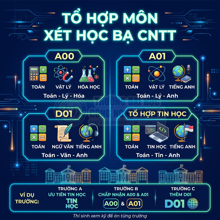 Tổ hợp môn xét học bạ CNTT với các khối A00 A01 D01 và tổ hợp Tin học, minh họa bằng icon môn học