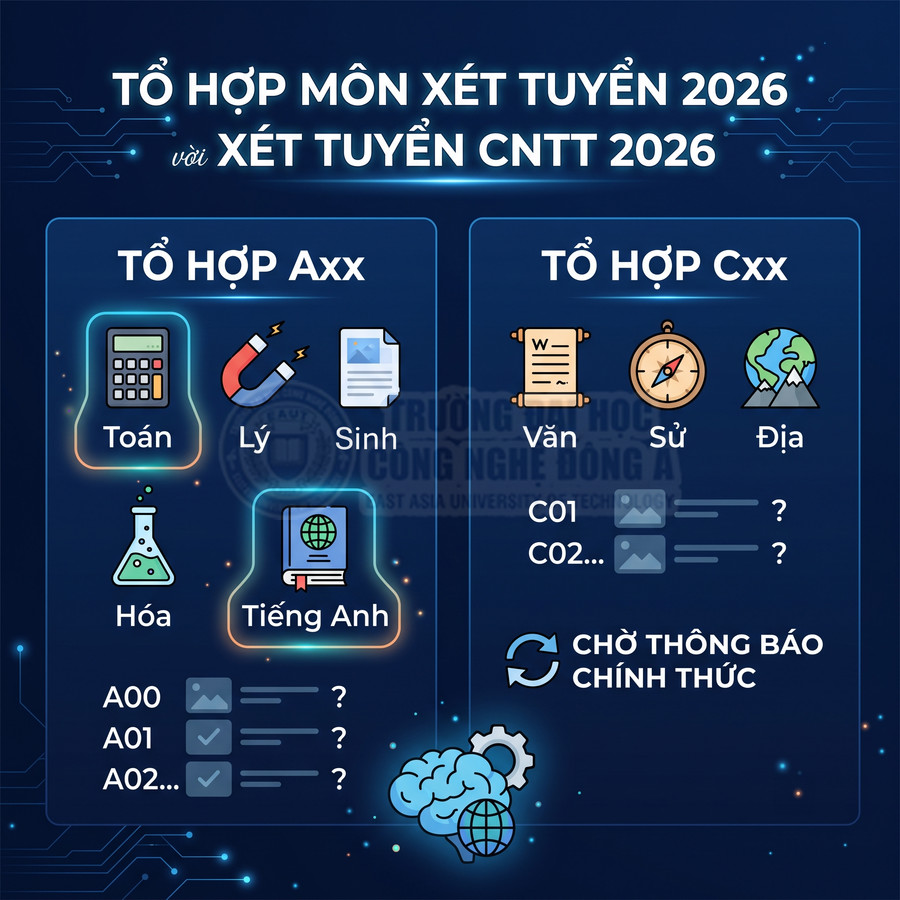 Tổ hợp môn xét tuyển 2026 và xét tuyển CNTT 2026 với các khối Axx, Cxx và ghi chú chờ thông báo chính thức