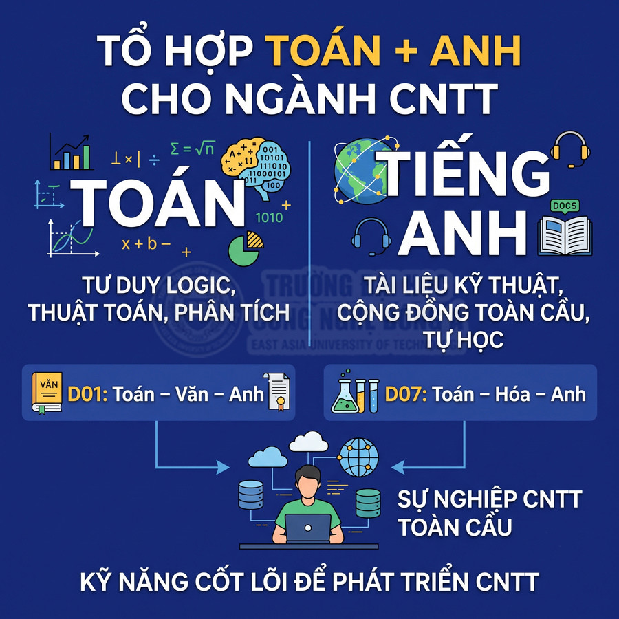 Poster tuyển sinh ngành CNTT nhấn mạnh tổ hợp Toán Anh, các khối D01 D07 và kỹ năng cốt lõi cho sự nghiệp CNTT