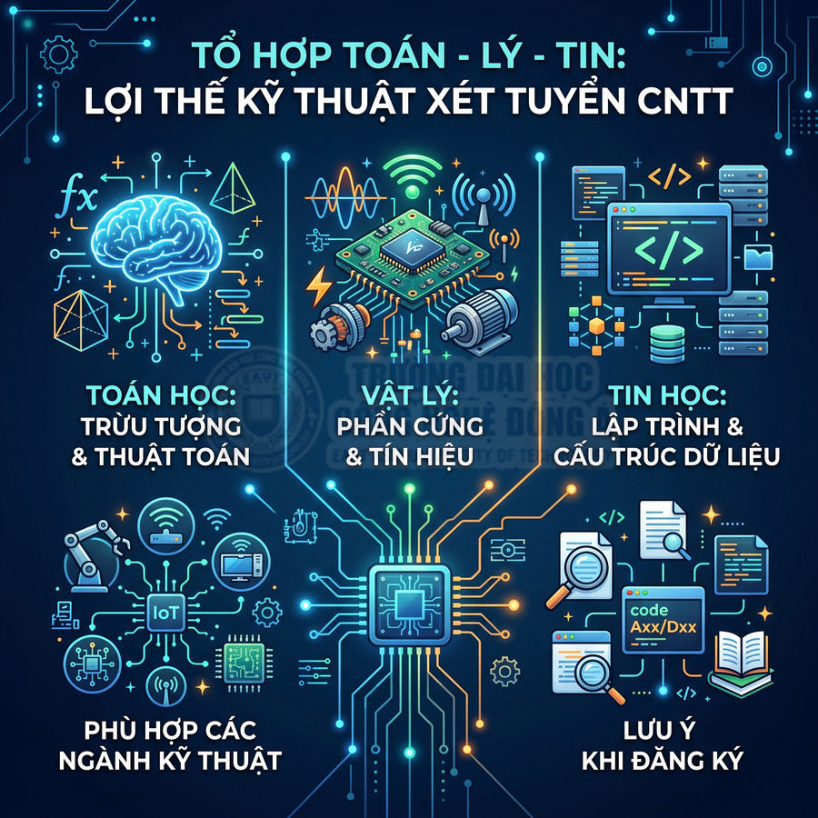 Poster giới thiệu lợi thế tổ hợp Toán Lý Tin khi xét tuyển ngành công nghệ thông tin và các ngành kỹ thuật