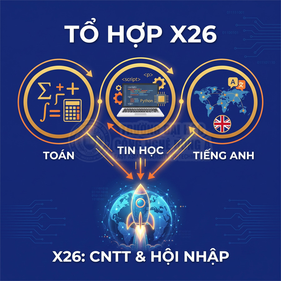 Poster tổ hợp X26 với các môn Toán, Tin học, Tiếng Anh và tên chương trình X26 CNTT và Hội nhập