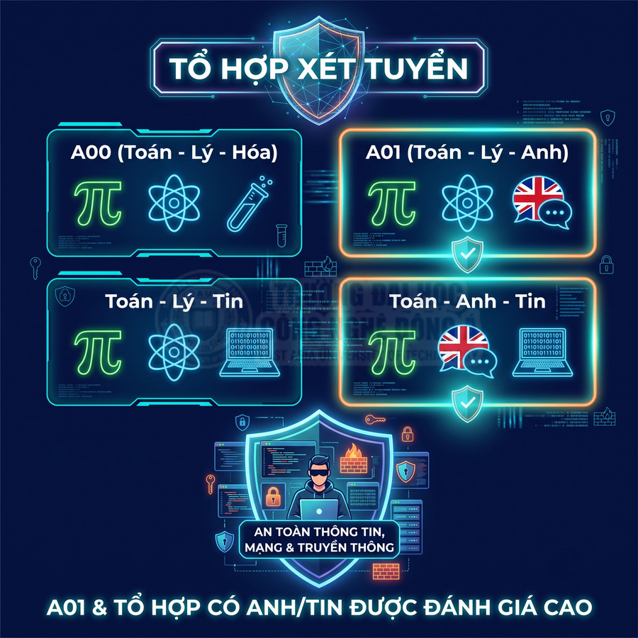 Tổ hợp xét tuyển ngành an toàn thông tin mạng và truyền thông với các khối A00 A01 Toán Lý Tin Toán Anh Tin