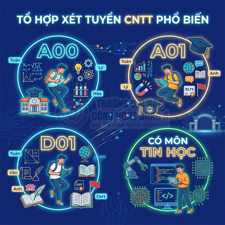 Infographic tổ hợp xét tuyển CNTT A00 A01 D01 và khối có môn Tin học với biểu tượng học sinh và môn học