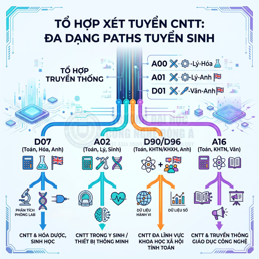 Infographic tổ hợp xét tuyển ngành công nghệ thông tin với các khối A00 A01 D01 D07 A02 D90 D96 A16