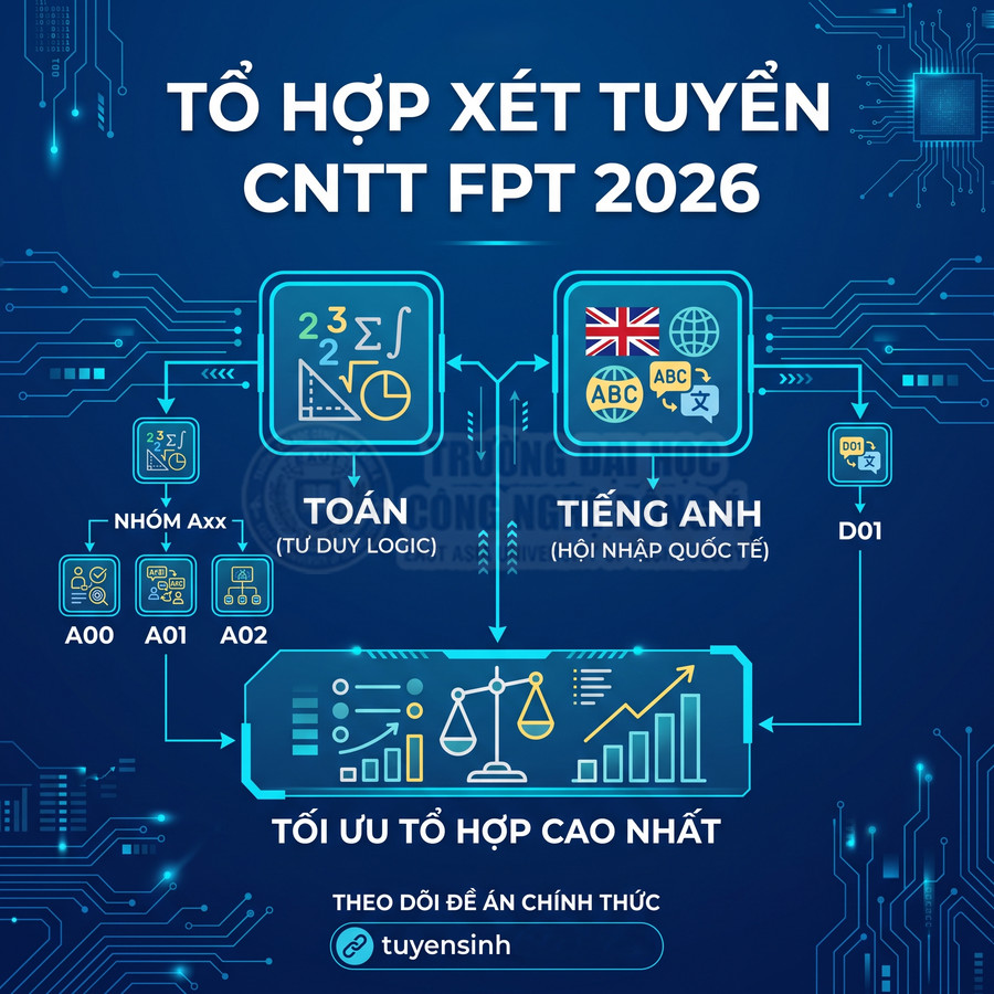 Tổ hợp xét tuyển CNTT FPT 2026 với các khối A00 A01 A02 D01 môn Toán và Tiếng Anh