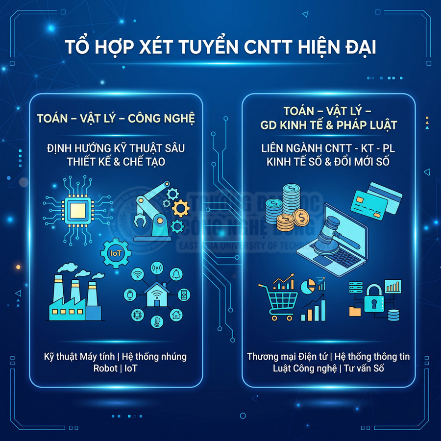 Poster giới thiệu tổ hợp xét tuyển CNTT hiện đại với các ngành kỹ thuật máy tính, IoT, thương mại điện tử, luật công nghệ
