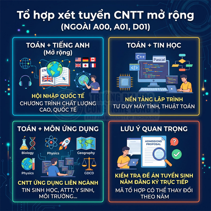 Infographic tổ hợp xét tuyển CNTT mở rộng với các khối Toán tiếng Anh, Toán tin học, Toán môn ứng dụng và lưu ý tuyển sinh