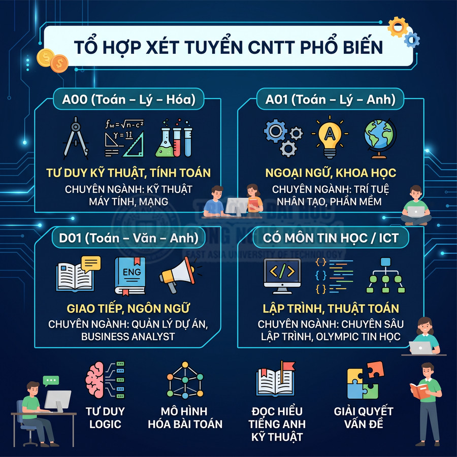 Tổ hợp xét tuyển CNTT phổ biến với các khối A00, A01, D01 và yêu cầu môn Tin học, kỹ năng lập trình, tư duy logic