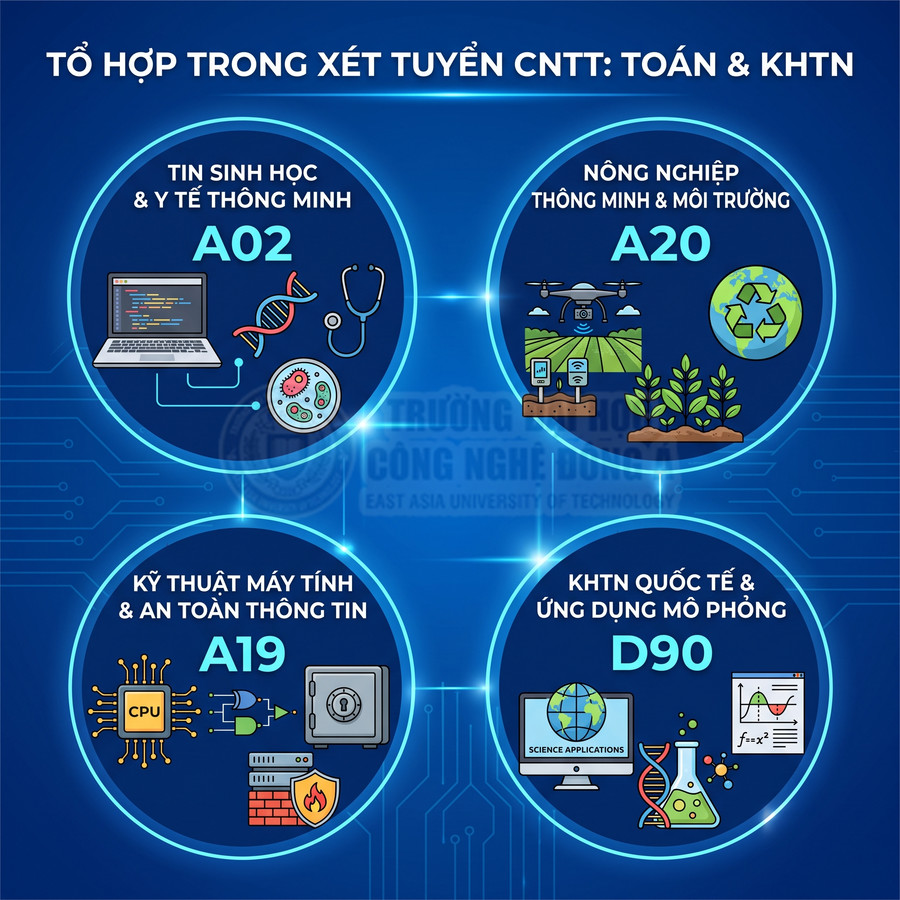 Các tổ hợp xét tuyển CNTT Toán và KHTN A02 A19 A20 D90 với biểu tượng ngành học minh họa