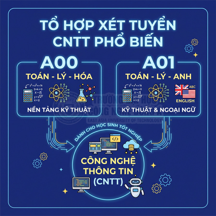 Tổ hợp xét tuyển CNTT A00 Toán Lý Hóa và A01 Toán Lý Anh dành cho học sinh tốt nghiệp