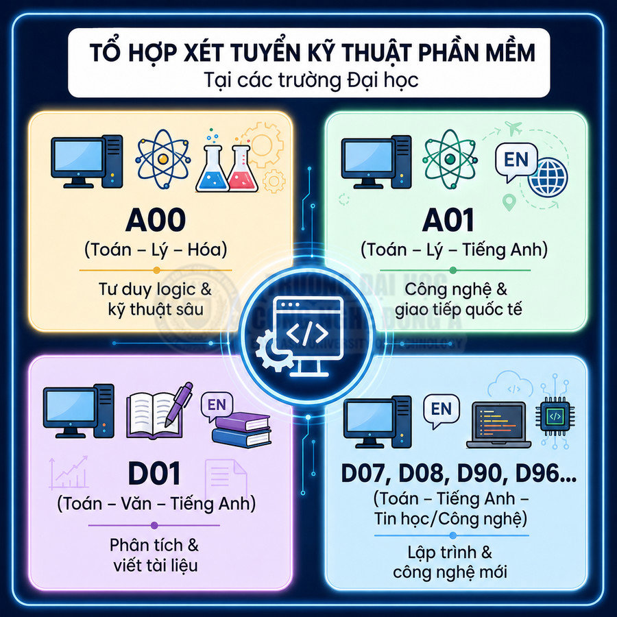 Các tổ hợp xét tuyển ngành kỹ thuật phần mềm A00 A01 D01 D07 D08 D90 D96 và môn học liên quan