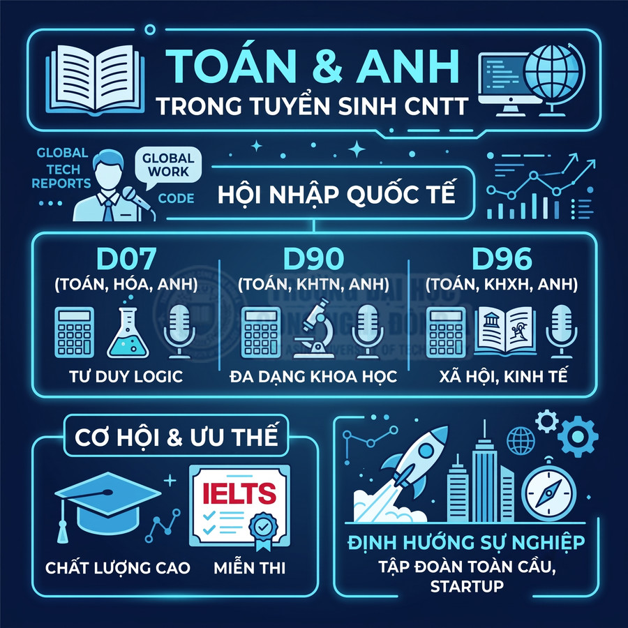 Infographic tuyển sinh CNTT nhấn mạnh vai trò Toán và Tiếng Anh, các tổ hợp D07 D90 D96 và cơ hội nghề nghiệp quốc tế