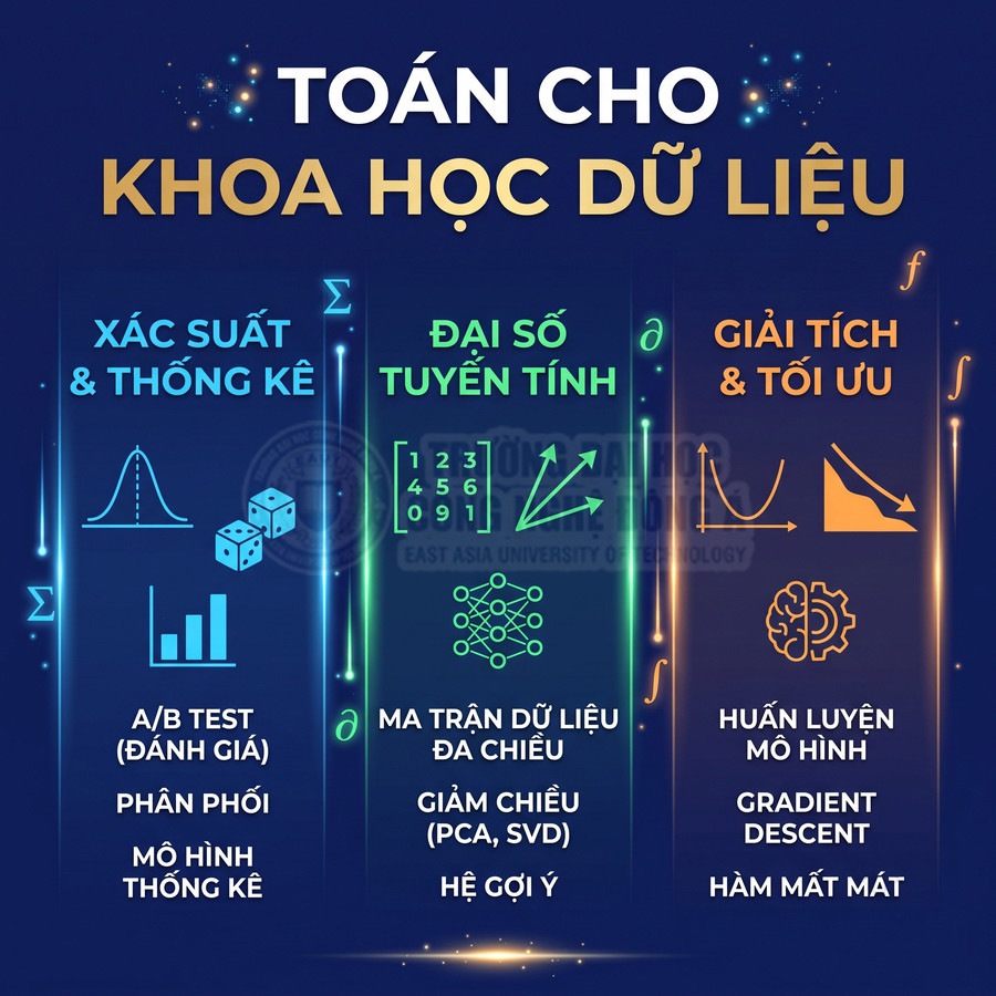 Infographic các mảng toán cho khoa học dữ liệu gồm xác suất thống kê, đại số tuyến tính, giải tích và tối ưu