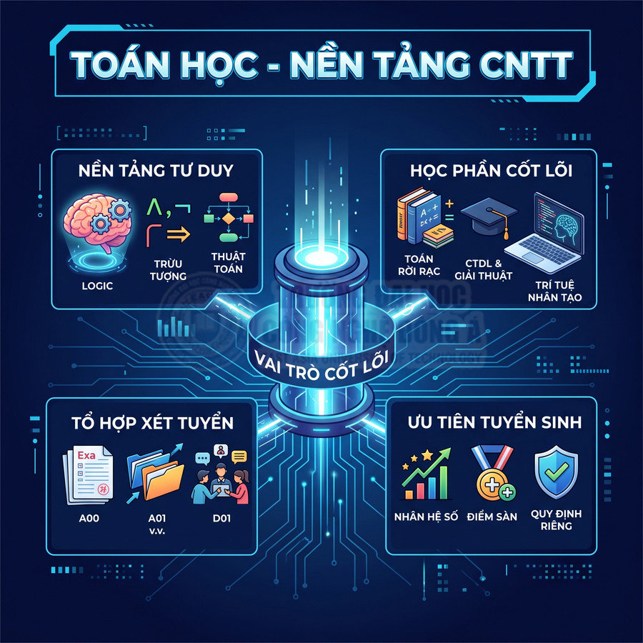 Infographic toán học nền tảng CNTT với vai trò cốt lõi, học phần, tổ hợp xét tuyển và ưu tiên tuyển sinh