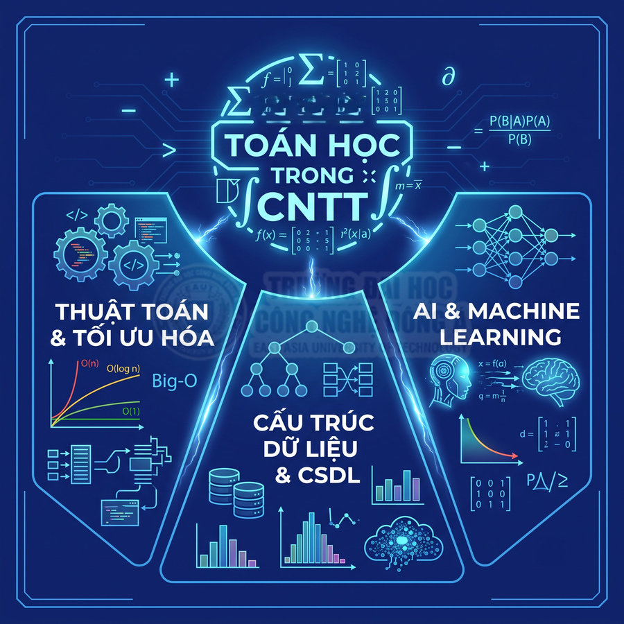 Poster toán học trong công nghệ thông tin với thuật toán, cấu trúc dữ liệu, cơ sở dữ liệu, AI và machine learning