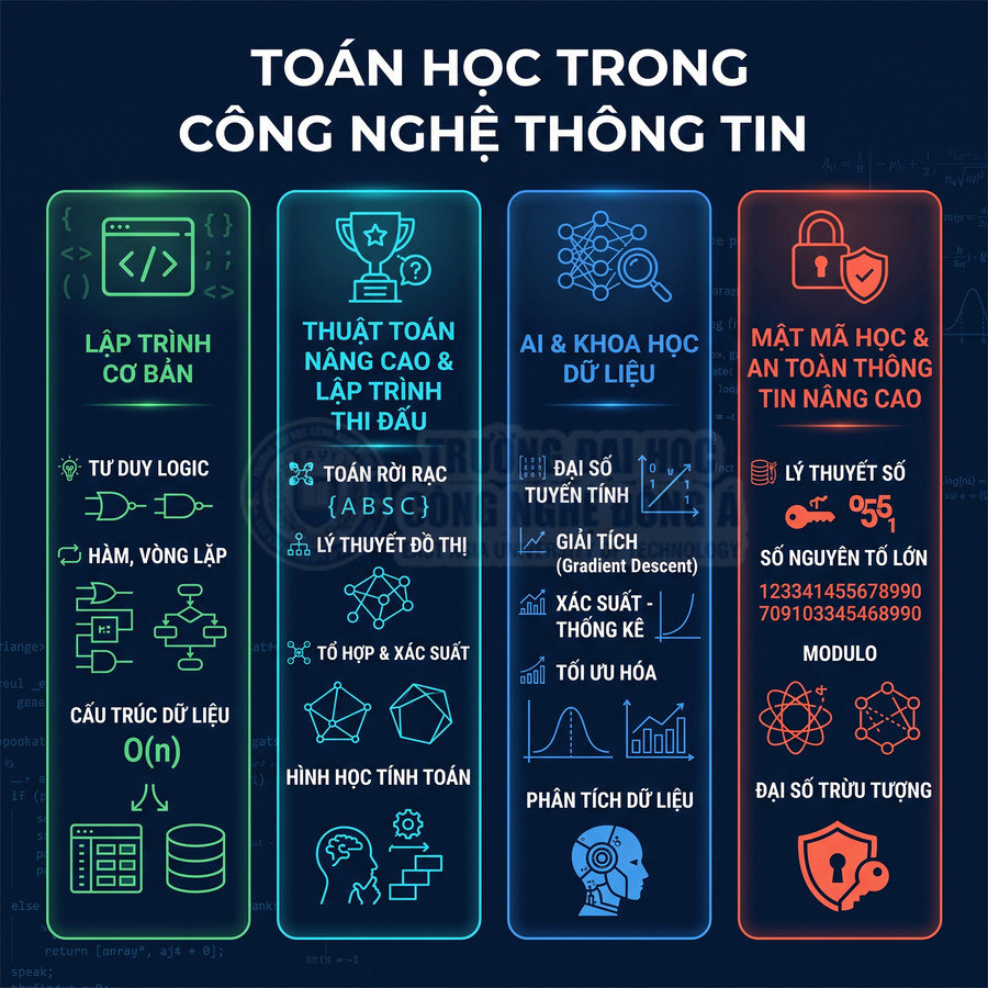 Infographic các mảng toán học trong công nghệ thông tin như lập trình, thuật toán, AI, khoa học dữ liệu và mật mã học