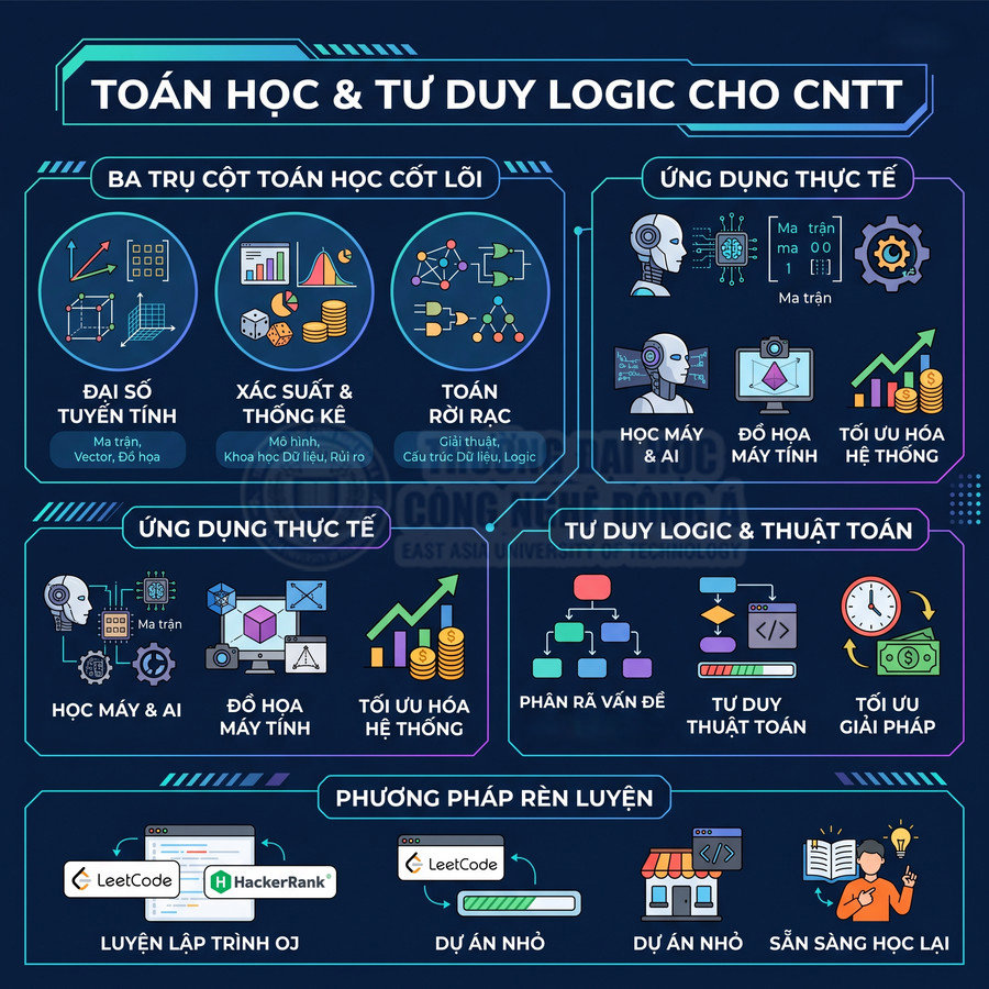Infographic toán học và tư duy logic cho CNTT với các mảng đại số, xác suất, toán rời rạc và ứng dụng thực tế