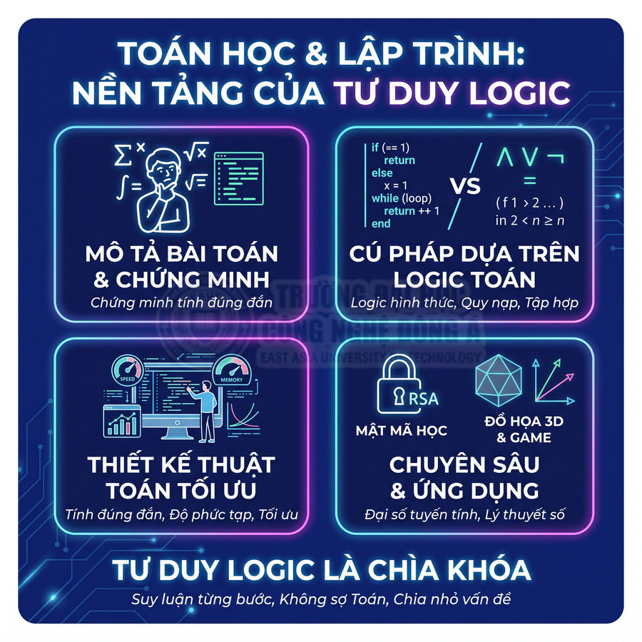 Infographic toán học và lập trình giải thích vai trò tư duy logic trong mô tả bài toán, thuật toán, mật mã và đồ họa 3D