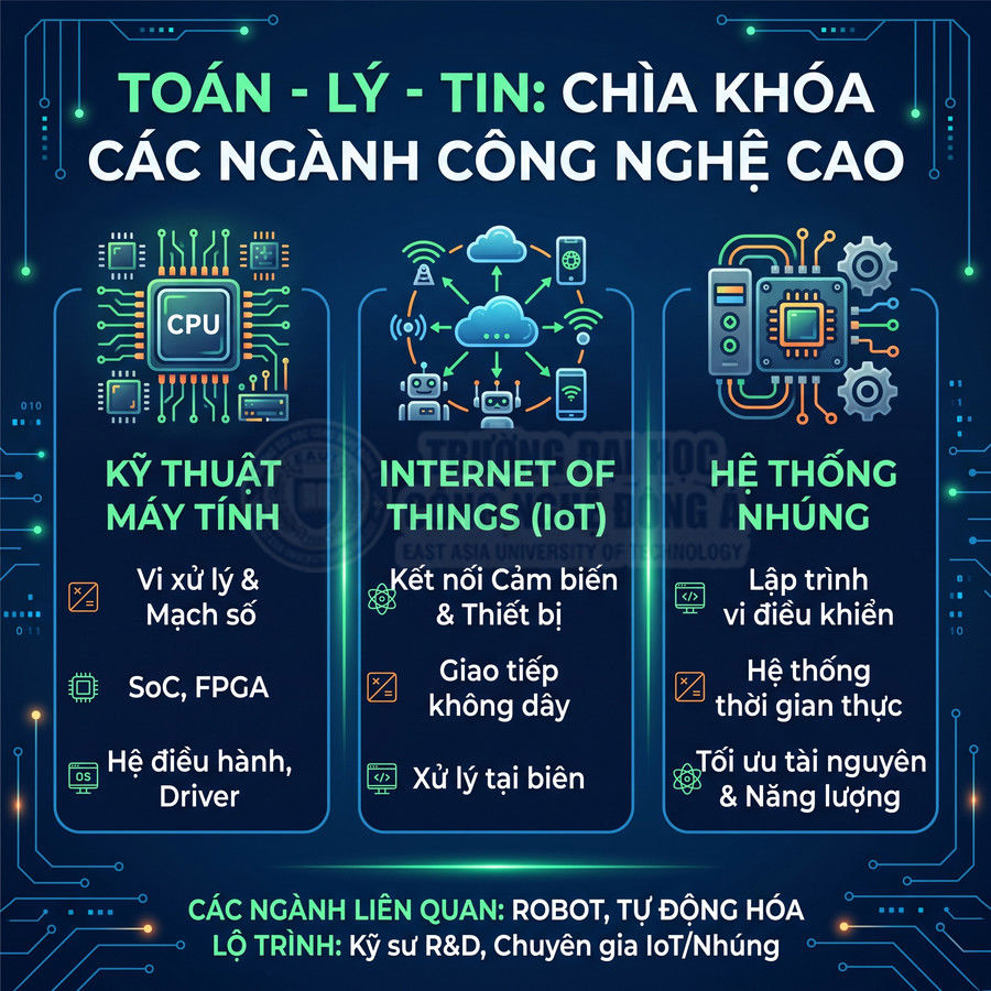 Infographic giới thiệu vai trò Toán Lý Tin trong các ngành kỹ thuật máy tính, IoT và hệ thống nhúng