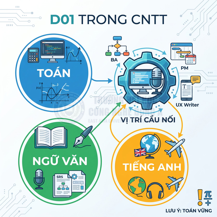 Minh họa tổ hợp D01 trong ngành CNTT với Toán, Ngữ văn, Tiếng Anh và các vị trí BA, PM, UX Writer