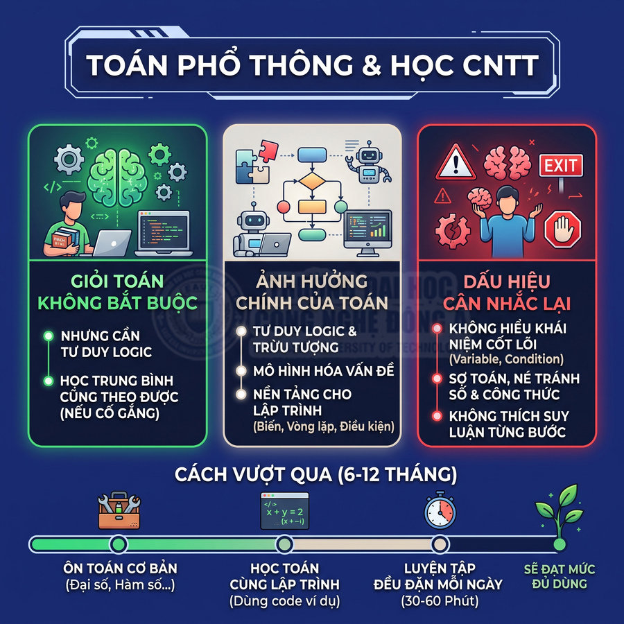 Infographic so sánh vai trò môn toán trong học CNTT và lộ trình cải thiện tư duy logic, lập trình
