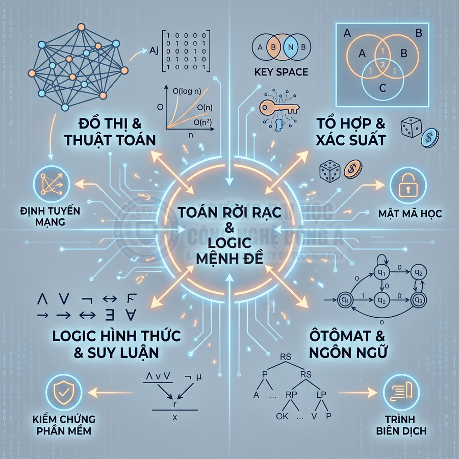 Sơ đồ các ứng dụng của toán rời rạc và logic mệnh đề trong đồ thị thuật toán, mật mã, ôtômat, ngôn ngữ và kiểm chứng phần mềm