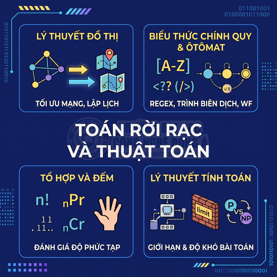 Infographic giới thiệu các mảng kiến thức toán rời rạc và thuật toán cho sinh viên lập trình