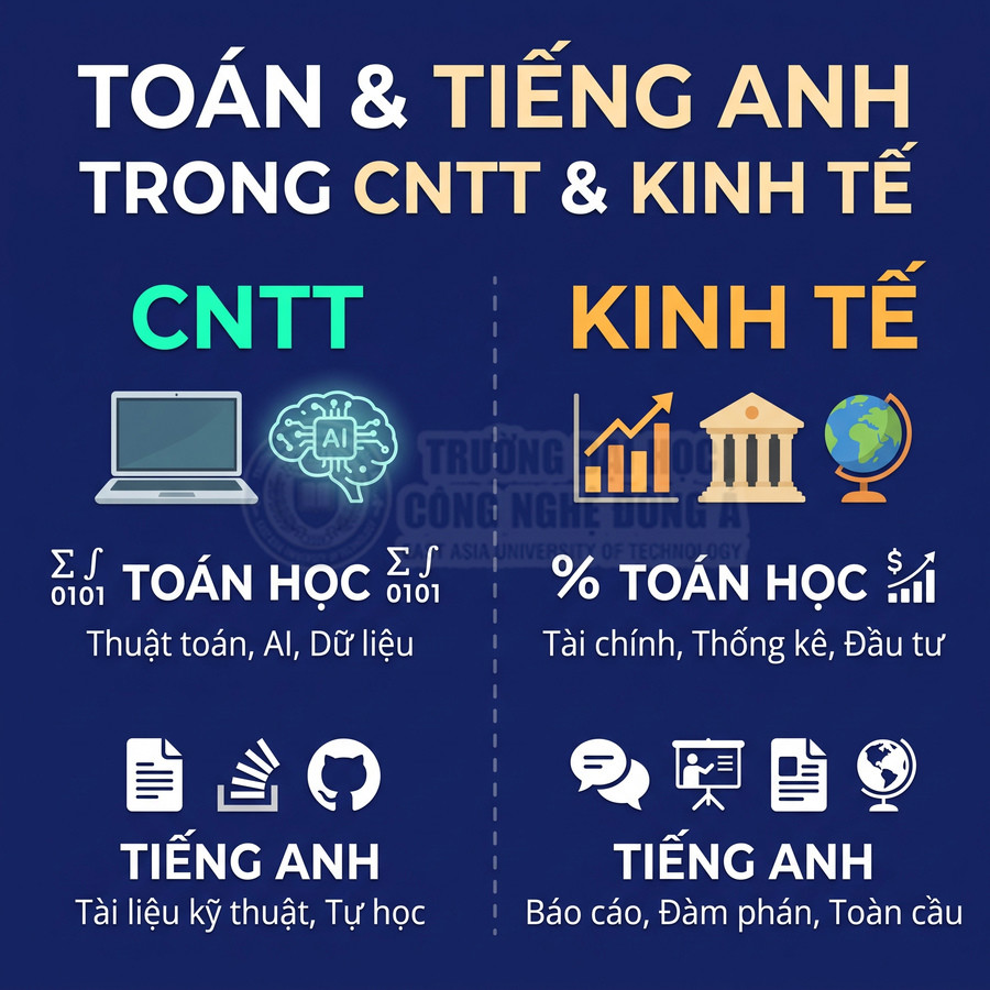 Nội dung về toán học và tiếng Anh trong ngành công nghệ thông tin và kinh tế, gồm AI, dữ liệu, tài chính và đầu tư