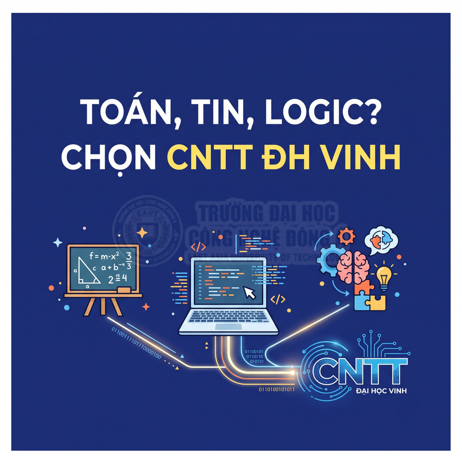 Poster tuyển sinh ngành CNTT Đại học Vinh với hình minh họa laptop, bảng toán và biểu tượng tư duy logic