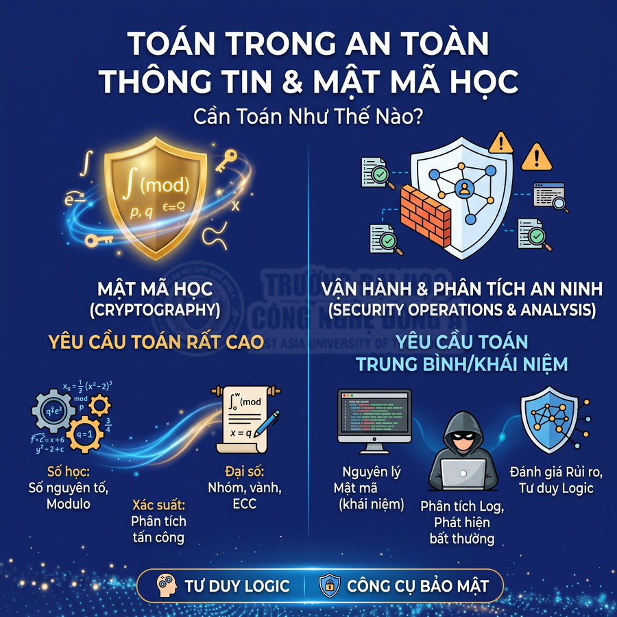 Infographic toán trong an toàn thông tin và mật mã học, so sánh yêu cầu toán của mật mã học và vận hành phân tích an ninh
