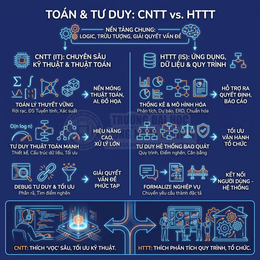 Infographic so sánh toán và tư duy giữa ngành Công nghệ thông tin và Hệ thống thông tin bằng tiếng Việt